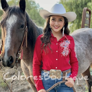 Camisa vaquera patriótica roja, camisa vaquera para mujer, camisa vaquera con botones brillantes para mujer, blusa vaquera para mujer, camisa vaquera bordada