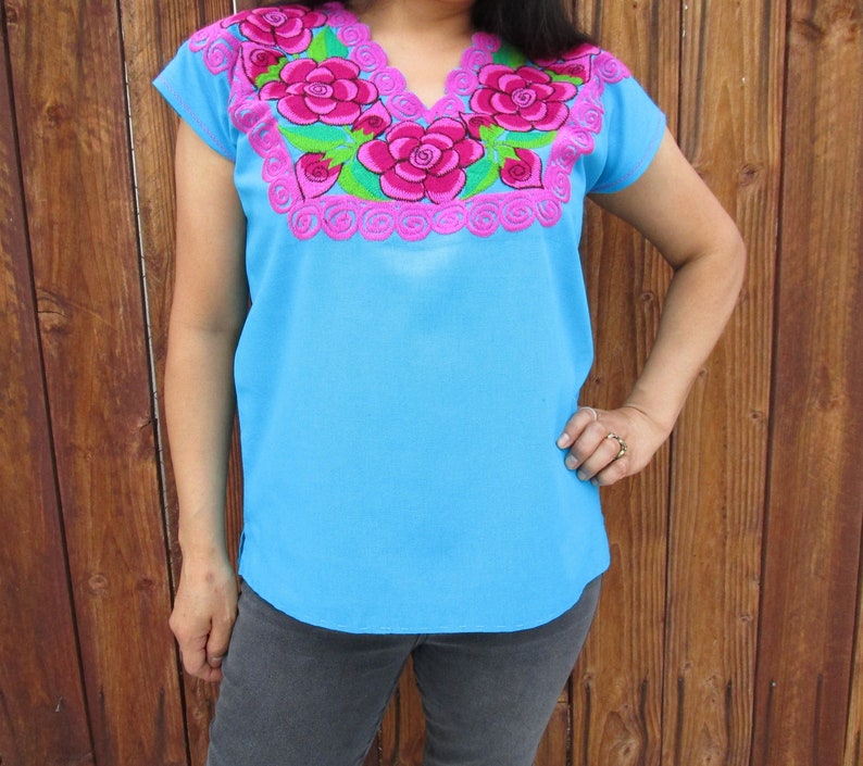 Mexican Dress Fiesta Dress Mexican Embroidered Dress Blusa Tradicional Bordada Mexican Peasant Blouse Short Sleeve Mexican Blouse