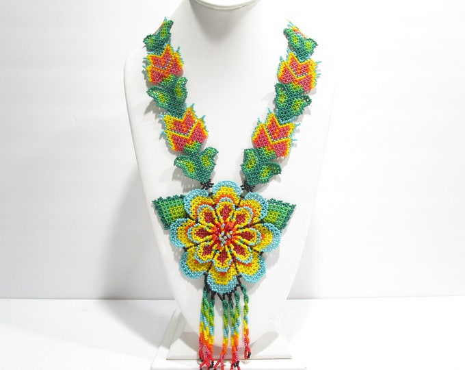 Huichol Flower Necklace, Mexico Bead Necklace, Huichol Necklace, Bead