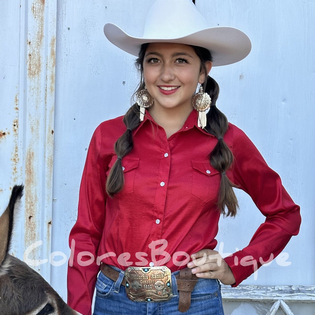 Red Women's Western Shirts, Women's Button up Shirt, Solid Long Sleeve