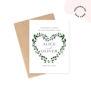 Biglietto di nozze personalizzato / Congratulazioni per il giorno delle nozze / Biglietto Mr & Mrs, Sposi novelli, Agli sposi / Ghirlanda a forma di cuore verde