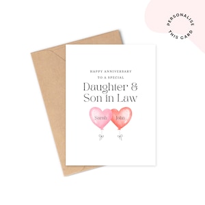 Wedding Anniversary Card for Daughter Son in Law | Heart Balloons, Personalised with Names | Custom Daughter and Son in Law Anniversary Card