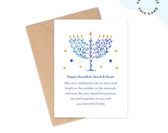 Biglietto di auguri per Hanukkah / Biglietto di auguri per Hanukkah con Menorah / Biglietto di auguri per Hanukkah personalizzato con nomi / Hanukkah 2025 / Biglietto di auguri personalizzato per Hanukkah per amici e familiari