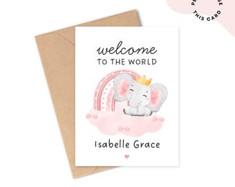Personalised New Baby Girl Card | Welcome to the World Baby Girl | New Baby Card, Congratulations It's a Girl Card | Elephant Baby Girl Card