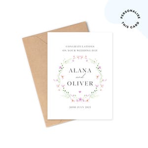 Personalised Wedding Card | Congratulations On Your Wedding Day | Mr & Mrs Card, Newlyweds, To The Bride, Groom | Elegant Wildflower Wreath