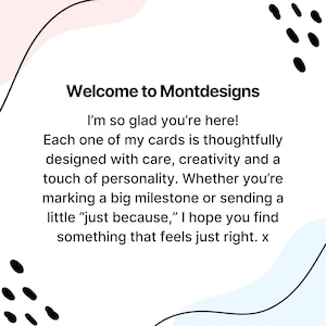 Puede incluir: Fondo blanco con texto "Welcome to Montdesigns". El texto describe tarjetas dise&ntilde;adas con cuidado para ocasiones especiales. Formas abstractas negras y rosas en el fondo.