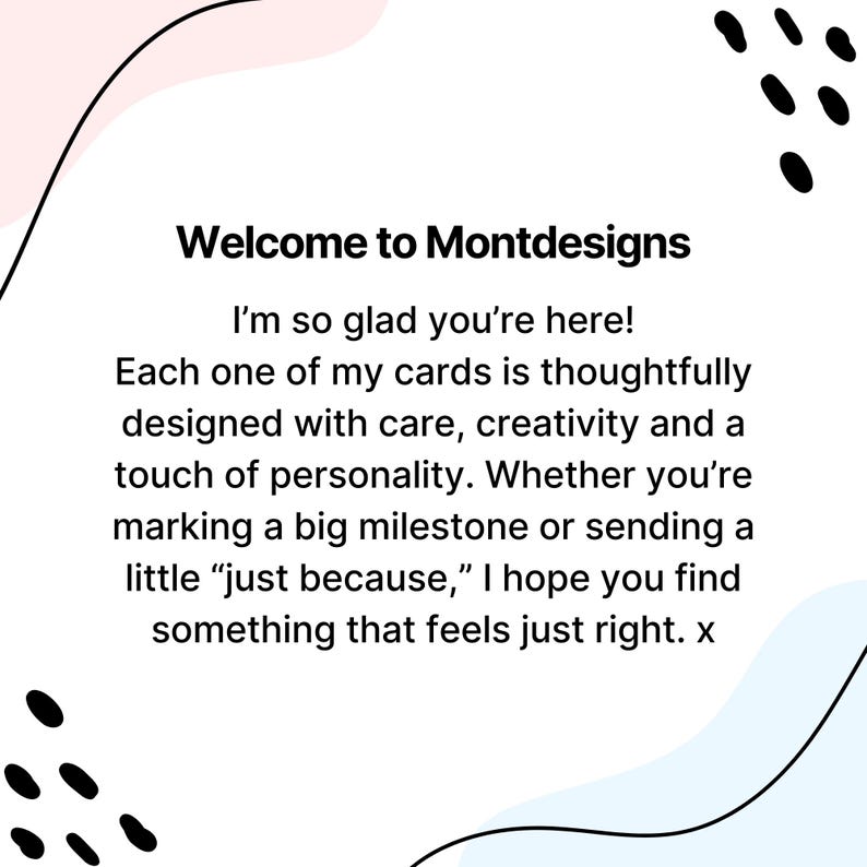 Puede incluir: Fondo blanco con texto "Welcome to Montdesigns". El texto describe tarjetas dise&ntilde;adas con cuidado para ocasiones especiales. Formas abstractas negras y rosas en el fondo.