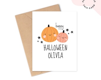 Cartão de Halloween personalizado | Cartão de Halloween para crianças, meninas, meninos, netos e netas | Cartão de Halloween de abóbora para filha e filho