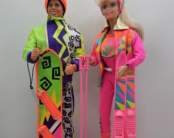 Vintage 1991 Ski Fun Barbie & Ken Set | Neon Outfits Skis Snowboard | Complete Accessories | 90s Mattel Duo