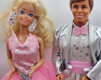 1989 Super Star Barbie & 1988 Ken Set | Glow-in-Dark Earrings | Vintage 80s Mattel Doll Duo | Original Outfits