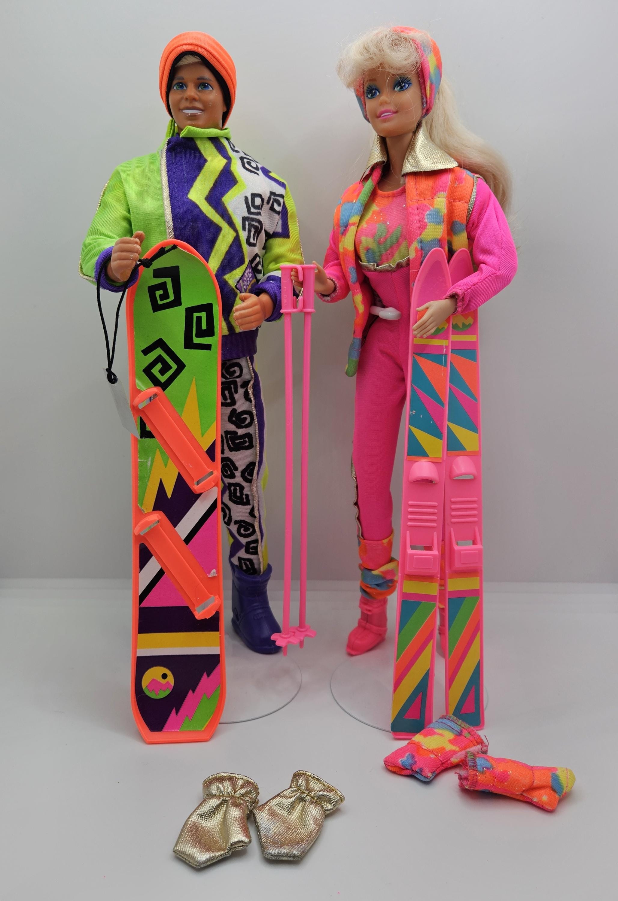 Vintage 1991 Ski Fun Barbie & Ken Set | Neon Outfits Skis