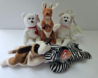 Vintage 1990s Ty Beanie Baby Collection | Choice of Halo, Bernie, Ziggy, Pouch | Retro Classic Plush Stuffed Animal Lot