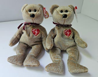 Vintage 1999 Ty Beanie Baby Signature Bear Lot | Set of 2 Matching Plush | Retro 90s Original Series Brown Mottled Collectibles