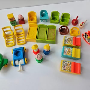 Vintage Fisher Price Little People Mega Accessory Lot | 1970s & 80s Figures Furniture | Retro Toy Airplane, Car, Nursery House Decor