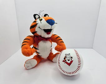 Vintage 1997 Tony the Tiger Plush & Baseball Set | Kellogg's Cereal Promo Lot | Retro Frosted Flakes Collectible Pair