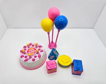 Vintage 1990s Happy Birthday Barbie Playset | Rotating Cake & Balloon Centerpiece | Retro Mattel Party Accessories Lot