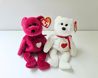 Vintage Ty Beanie Baby Valentino & Valentina Set | Matching Heart Bears | Retro 90s Plush Valentine Lot