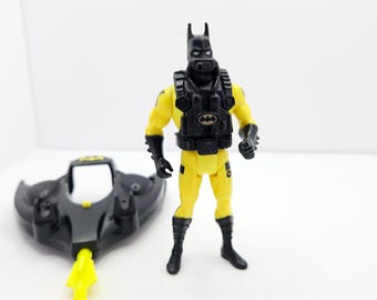 Vintage 1990 Kenner Deep Dive Batman Figure | Neon Yellow Submarine & Launcher | Retro 90s Dark Knight Action Lot