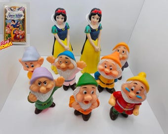 Vintage 1960s Disney Snow White 7 Dwarfs Squeak Toy Set | Hong Kong Vinyl Figures & Dolls | Retro Movie VHS Collector Lot