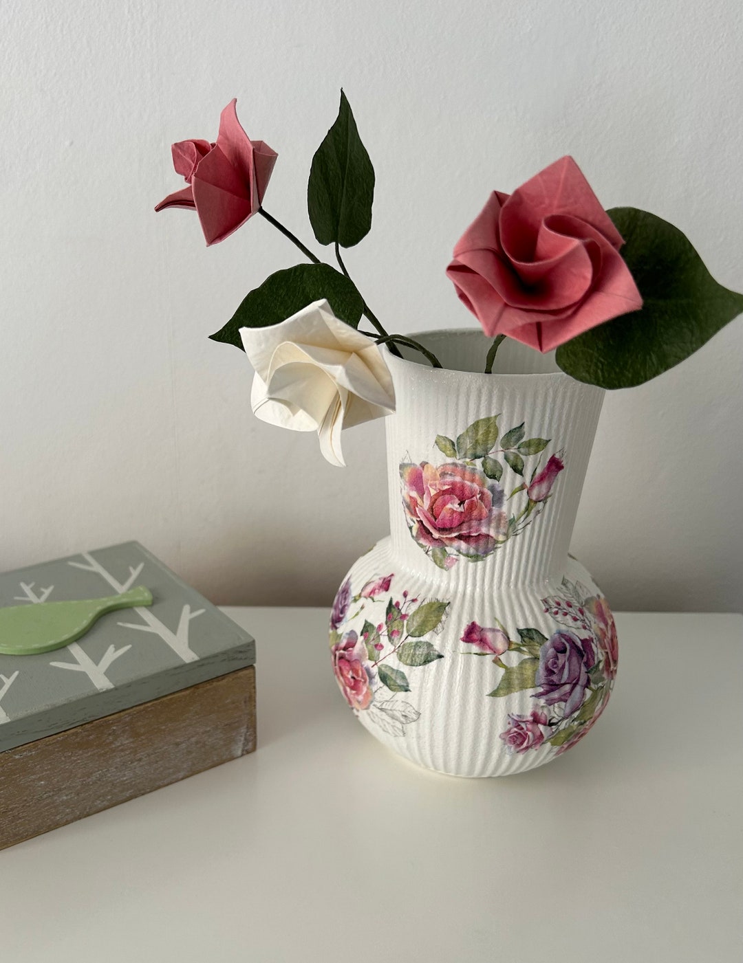Decoupaged Glass Vase With a Paper Napkin of Rose Flowers. Origami