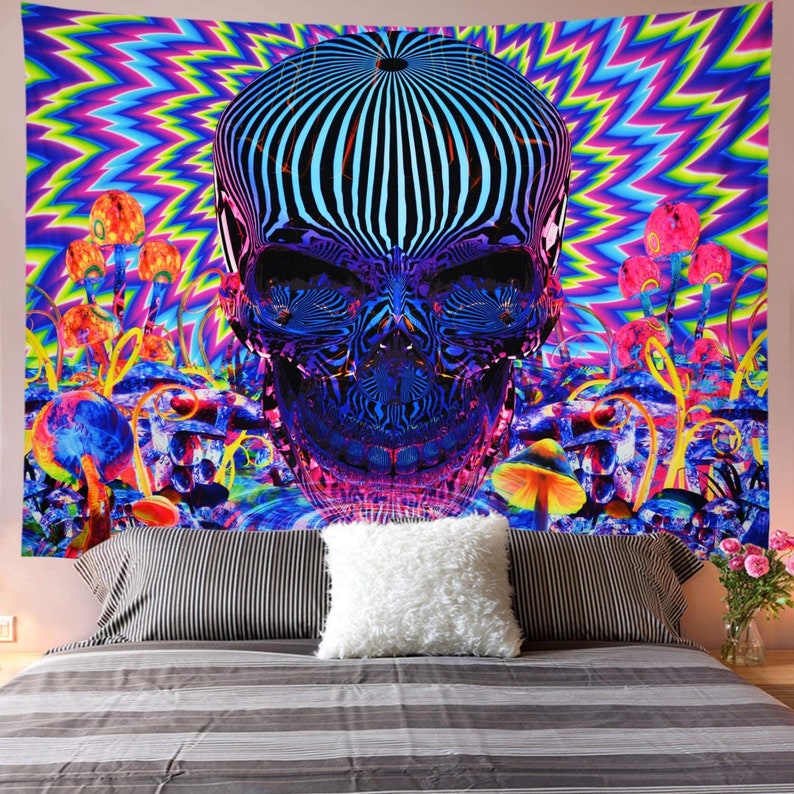 Psychedelic Tapestry Skull Tapstry Trippy Mushrooms Tapestry Etsy