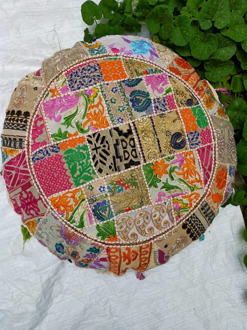 Indian Round Ethnic Indian Cotton Floor Cushion Cover Cotton Patchwork Embroidered Decor 18 Seating Floor Throw Pillow Cover Footstool