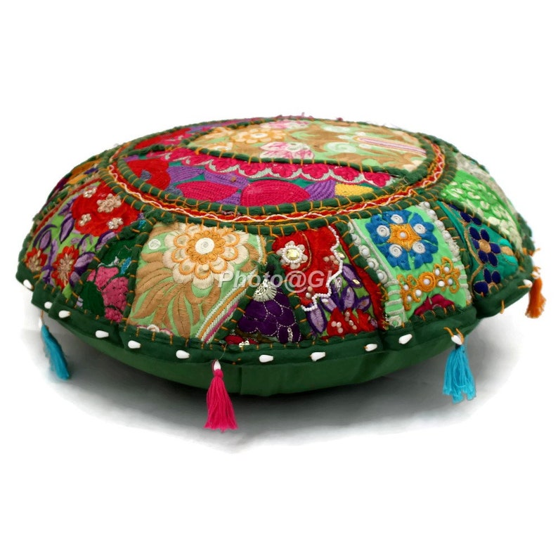 Indian Round Ethnic Indian Cotton Floor Cushion Cover Cotton Patchwork Embroidered Decor 18 Seating Floor Throw Pillow Cover Footstool