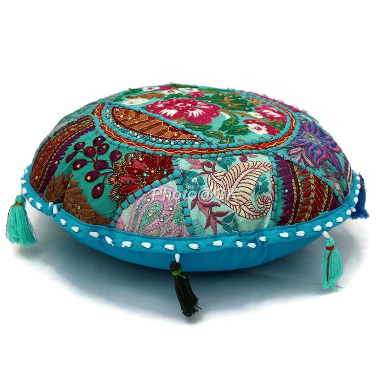 Indian Round Ethnic Indian Cotton Floor Cushion Cover Cotton Patchwork Embroidered Decor 18 Seating Floor Throw Pillow Cover Footstool
