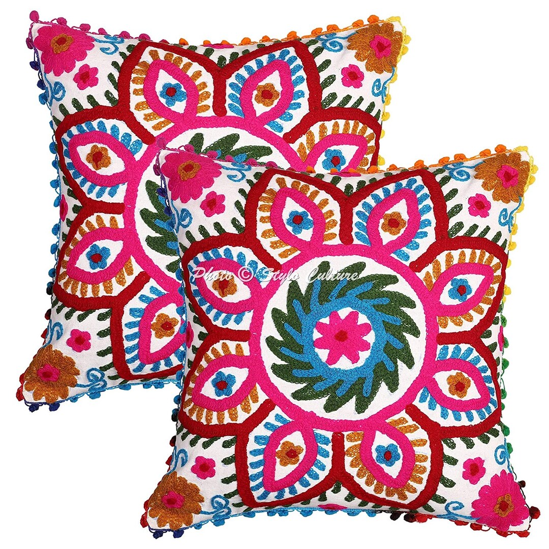 Cotton Round Gaddi Floor Cushion Cover Pom Pom Lace Suzani Sujani