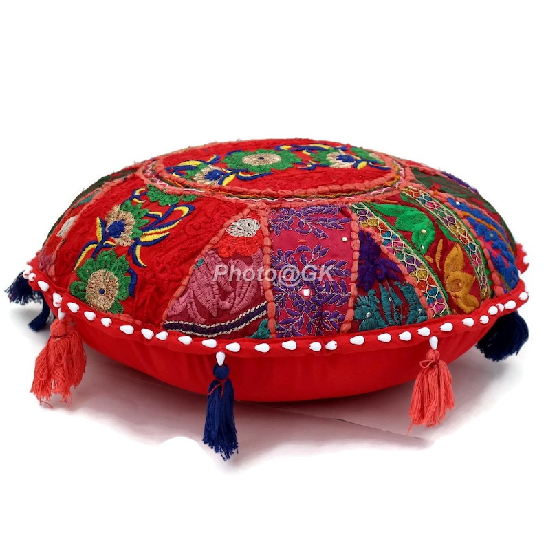 Indian Round Ethnic Indian Cotton Floor Cushion Cover Cotton Patchwork Embroidered Decor 18 Seating Floor Throw Pillow Cover Footstool