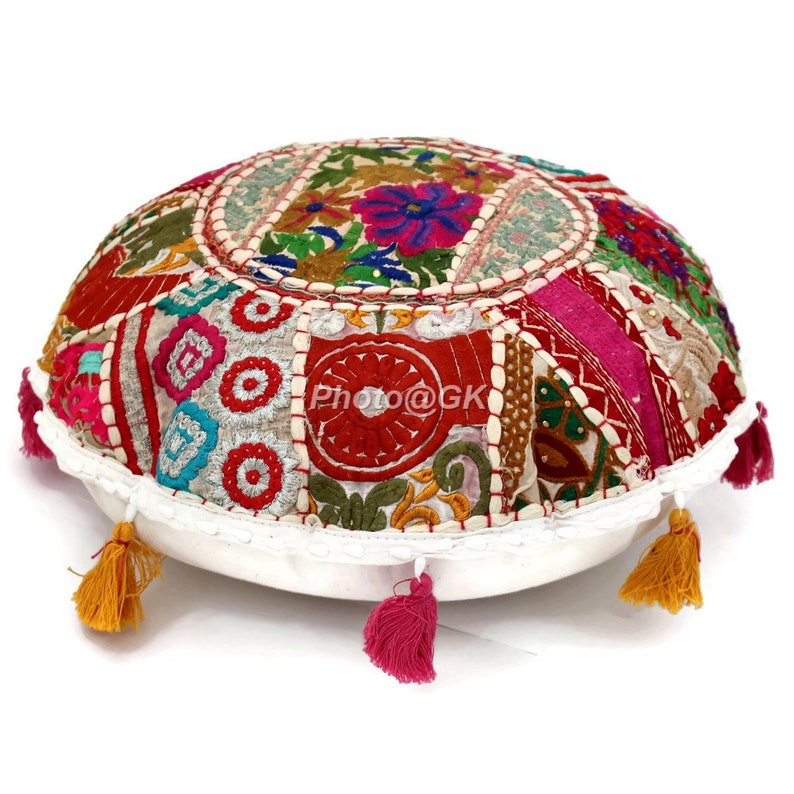 Indian Round Ethnic Indian Cotton Floor Cushion Cover Cotton Patchwork Embroidered Decor 18 Seating Floor Throw Pillow Cover Footstool