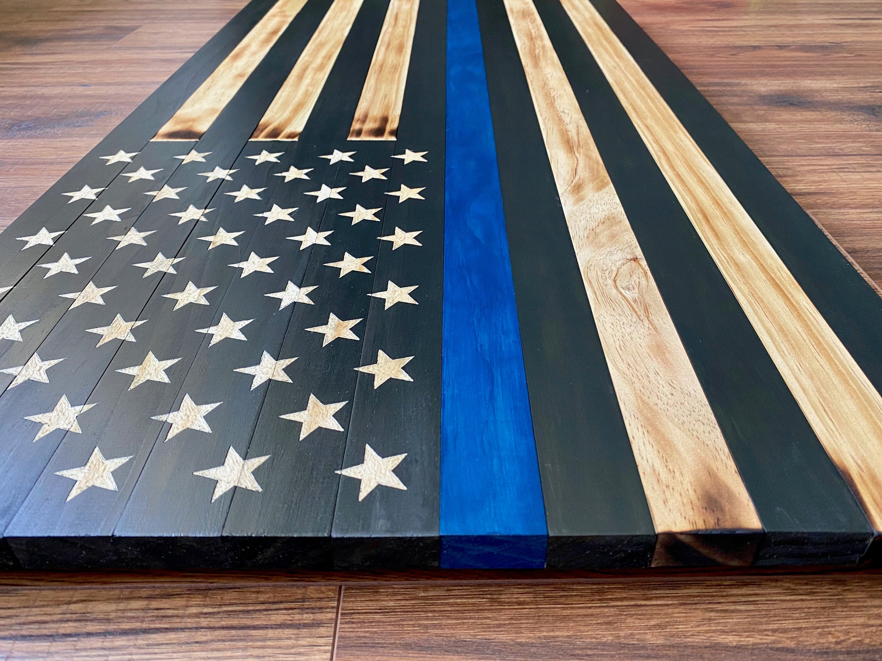 Wooden Hand Carved Thin Blue Line Flag Wood Art Rustic Etsy