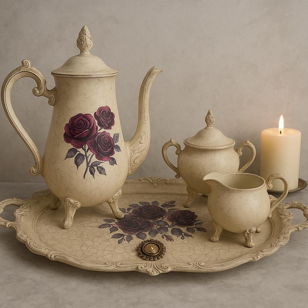 Gothic Crackle Rose Tea Set With Ornate Tray | Hand-painted