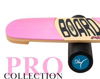Wooden Balance Board Trainer. Anti-Slip Surface and Roller. PRO LINE. A great sport gift. Extreme sport. Surf. Snowboarding. Fitness. Pink.