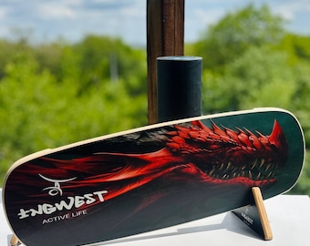 Wooden Balance Board Trainer with Anti-Slip Roller. A great sport gift. Extreme sport. Surf. Snowboarding. Fitness. Dragon Design.