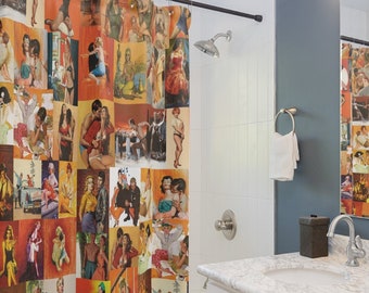 SHOWER CURTAIN Orange Vintage Pulp Art Unique Bathroom Home Decor Mid Century Modern Pinup Novelty Statement Maximalist Retro Pin Up Mancave