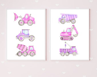 Baustelle Fahrzeuge Lkw Druck Kinderzimmer Traktor Wand Dekor Malerei Aquarell rosa lila Kunst Illustration Mädchen Auto Fahrzeug Kinderzimmer