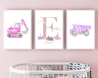 Baustelle Fahrzeuge Lkw Druck Kinderzimmer Traktor Wand Dekor Malerei Aquarell rosa lila Kunst Illustration Mädchen Auto Fahrzeug Kinderzimmer