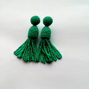 Turquoise color/ beaded tassel /Short-tassel /oscar de la renta/clip on earrings/beading dangle earrings/Earrings with sterling