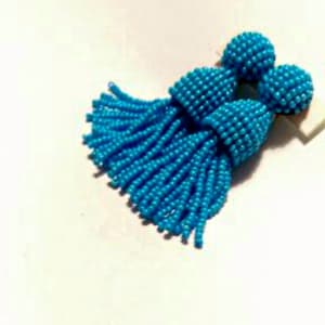 Blue color/ beaded tassel /Short-tassel /oscar de la renta/clip on earrings/beading dangle earrings/Earrings with sterling