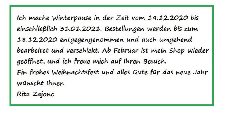 Puede incluir: Un aviso que anuncia un descanso de invierno del 19 de diciembre de 2020 al 31 de enero de 2021. Los pedidos se aceptar&aacute;n hasta el 18 de diciembre de 2020. El aviso tambi&eacute;n incluye un saludo navide&ntilde;o deseando a los clientes felices fiestas y un feliz a&ntilde;o nuevo.