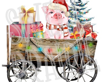 Christmas Pig Vintage Wagon Ready to Press Sublimation Transfer