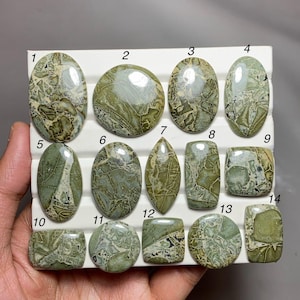 May include: A collection of fourteen polished gemstones in various shapes, including ovals, rounds, and rectangles. The stones feature a mix of green, brown, and cream colors with unique patterns. The gemstones are displayed on a white surface.