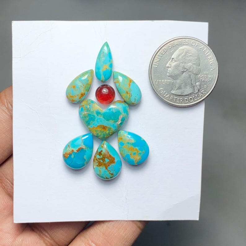 Shape Figure Matrix Pattern Kingman Mohave Turquoise Cabochon With Mozambique Garnet Set, 29 Carats ...