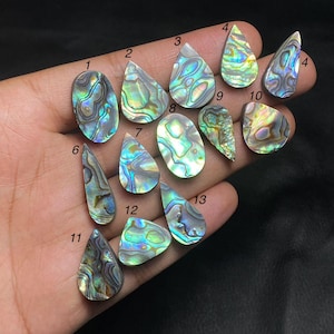 Può includere: Una collezione di cabochon di conchiglia di abalone iridescente in varie forme, tra cui goccia, ovale e forme irregolari. I gusci mostrano una gamma di colori, come blu, verde e viola, con una superficie scintillante e strutturata. I cabochon sono esposti su uno sfondo scuro.