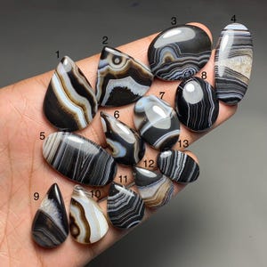 May include: A selection of polished agate stones in diverse shapes, including teardrop, oval, and rounded forms. The stones exhibit a variety of colours, mainly black, white, and brown, with banded patterns. The stones are held in a hand, highlighting their natural beauty.