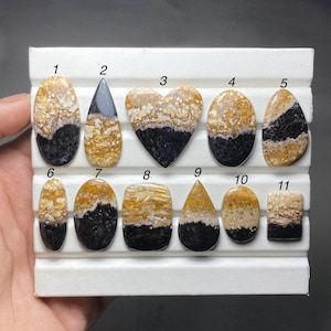 May include: Eleven polished cabochons of Bumblebee Jasper arranged on a white display stand. Each stone features a distinct horizontal color split with vibrant yellow, orange, and white patterns on the top half and solid black on the bottom half.