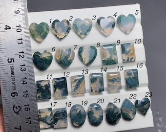 Natural Moss Agate Freeform Cabochon, High Polish Gemstone for Jewelry Making, Heart &Oval, Pear Shape Rose Cut, Square Checker Cut