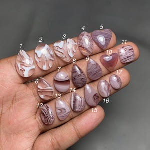 Può includere: Una collezione di diciassette cabochon lucidati in varie forme, tra cui gocce, ovali, cuori e quadrati. Ogni pezzo presenta motivi vorticosi di bianco traslucido, rosa tenue e malva scuro, etichettati con i numeri da uno a diciassette.