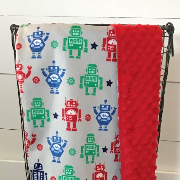 Robot Baby Blanket, Minky Robots, Toddler Blanket, Newborn Baby Boy Gift, Stroller Car Seat Blanket, Colorful Swaddle, Handmade Present Boy